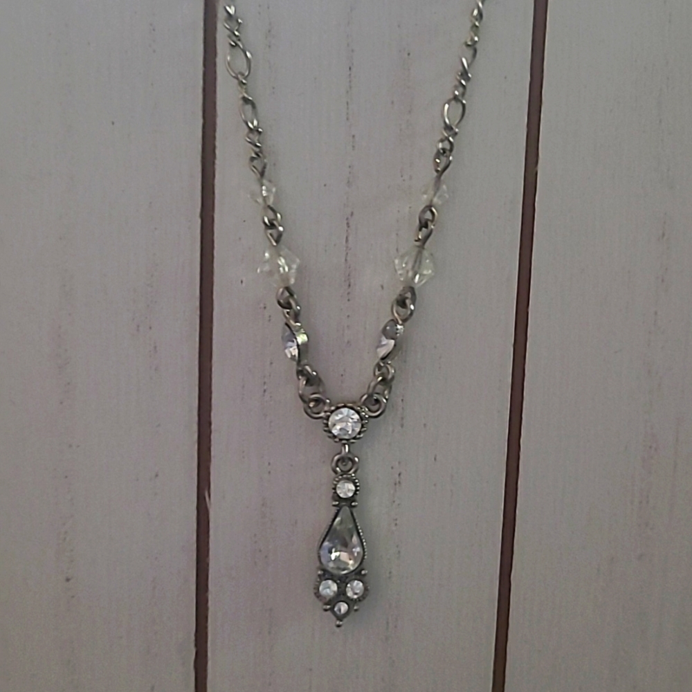 Vintage Silver Tone Clear Beads and Clear Rhinestone necklace 17 to 20 Inch Adj